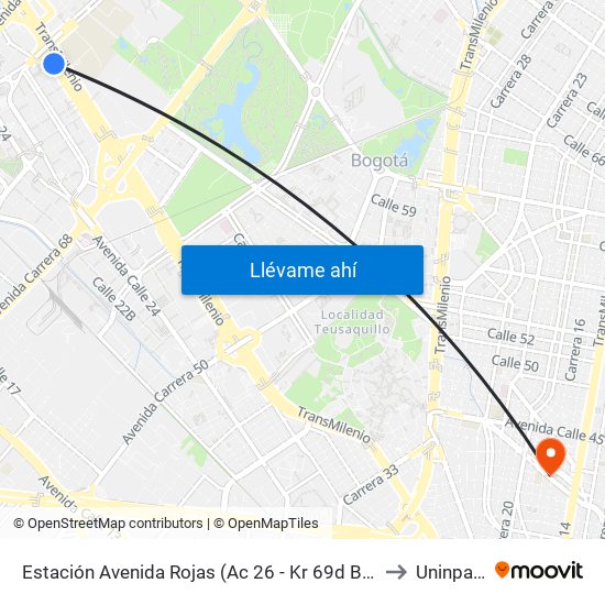 Estación Avenida Rojas (Ac 26 - Kr 69d Bis) (A) to Uninpahu map