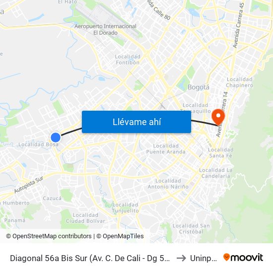 Diagonal 56a Bis Sur (Av. C. De Cali - Dg 56a Bis Sur) to Uninpahu map