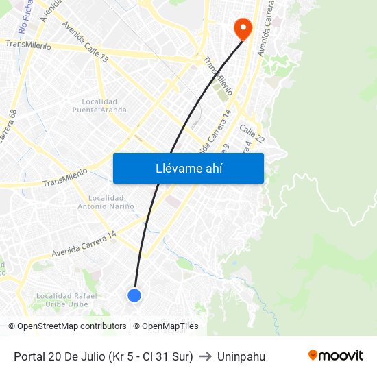 Portal 20 De Julio (Kr 5 - Cl 31 Sur) to Uninpahu map
