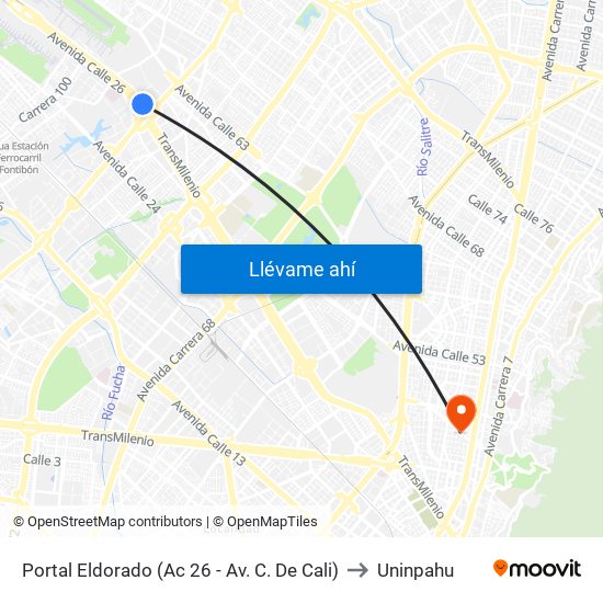 Portal Eldorado (Ac 26 - Av. C. De Cali) to Uninpahu map