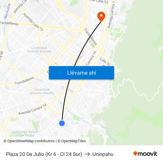 Plaza 20 De Julio (Kr 6 - Cl 24 Sur) to Uninpahu map