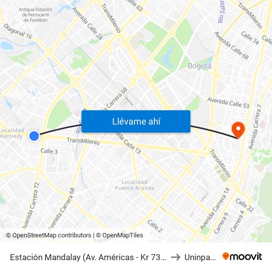 Estación Mandalay (Av. Américas - Kr 73c) to Uninpahu map