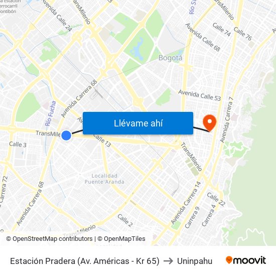 Estación Pradera (Av. Américas - Kr 65) to Uninpahu map