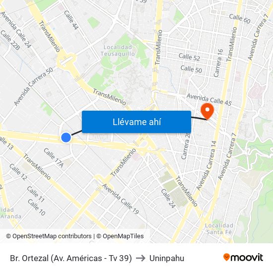 Br. Ortezal (Av. Américas - Tv 39) to Uninpahu map