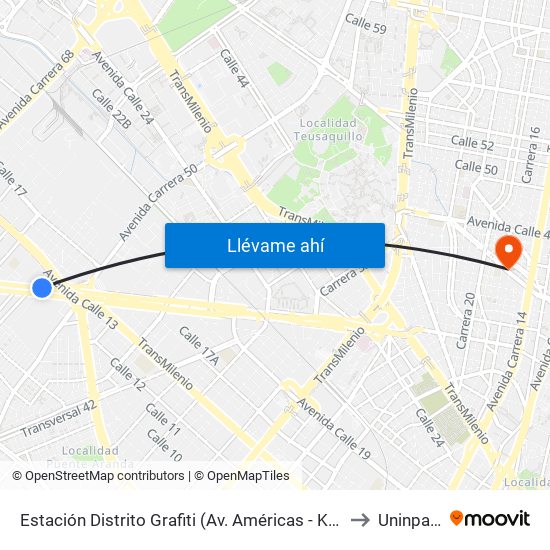 Estación Distrito Grafiti (Av. Américas - Kr 53a) to Uninpahu map