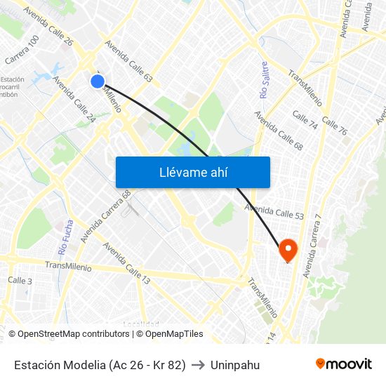 Estación Modelia (Ac 26 - Kr 82) to Uninpahu map