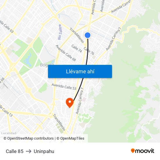 Calle 85 to Uninpahu map