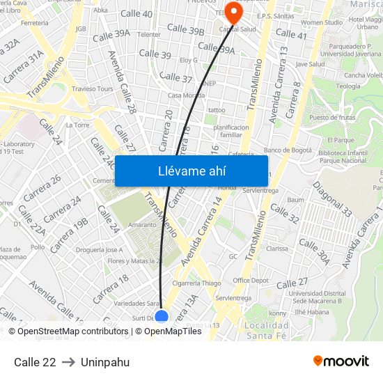 Calle 22 to Uninpahu map