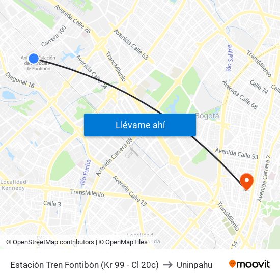 Estación Tren Fontibón (Kr 99 - Cl 20c) to Uninpahu map