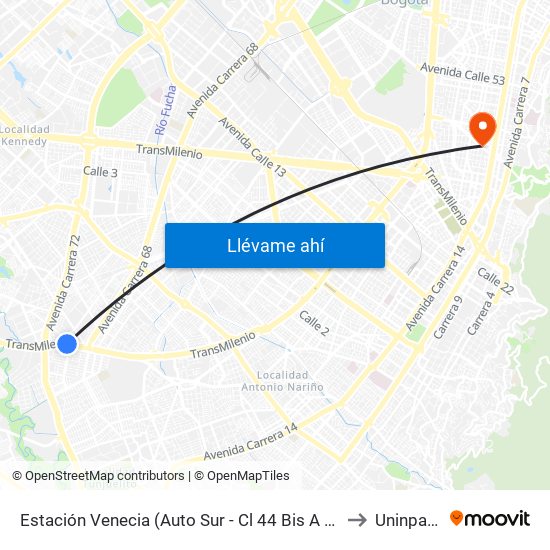 Estación Venecia (Auto Sur - Cl 44 Bis A Sur) to Uninpahu map