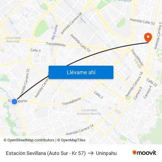 Estación Sevillana (Auto Sur - Kr 57) to Uninpahu map
