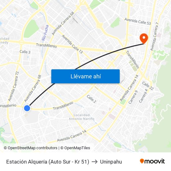 Estación Alquería (Auto Sur - Kr 51) to Uninpahu map