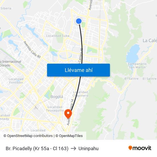 Br. Picadelly (Kr 55a - Cl 163) to Uninpahu map