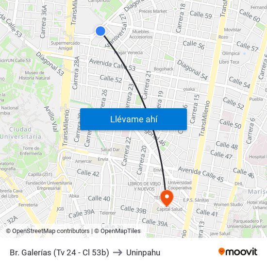 Br. Galerías (Tv 24 - Cl 53b) to Uninpahu map