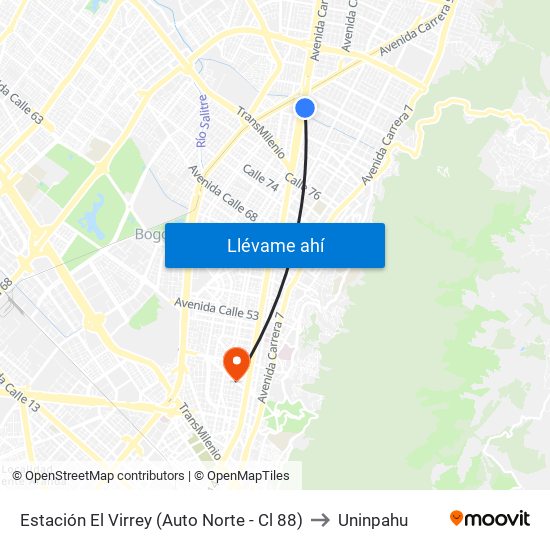 Estación El Virrey (Auto Norte - Cl 88) to Uninpahu map