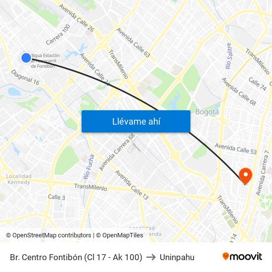 Br. Centro Fontibón (Cl 17 - Ak 100) to Uninpahu map