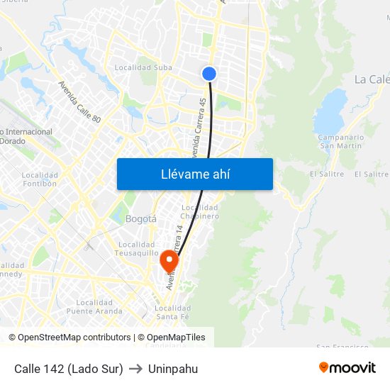 Calle 142 (Lado Sur) to Uninpahu map