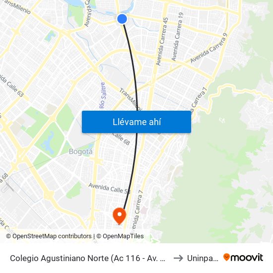 Colegio Agustiniano Norte (Ac 116 - Av. Suba) to Uninpahu map