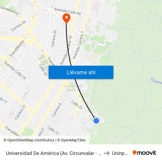 Universidad De América (Av. Circunvalar - Cl 19a) to Uninpahu map
