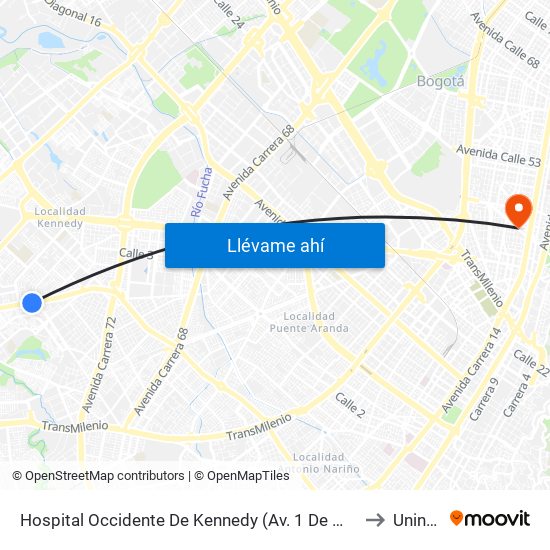 Hospital Occidente De Kennedy (Av. 1 De Mayo - Cl 40b Sur) (B) to Uninpahu map