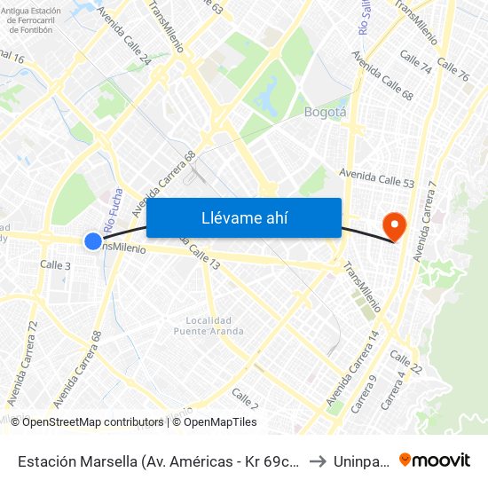 Estación Marsella (Av. Américas - Kr 69c) (A) to Uninpahu map