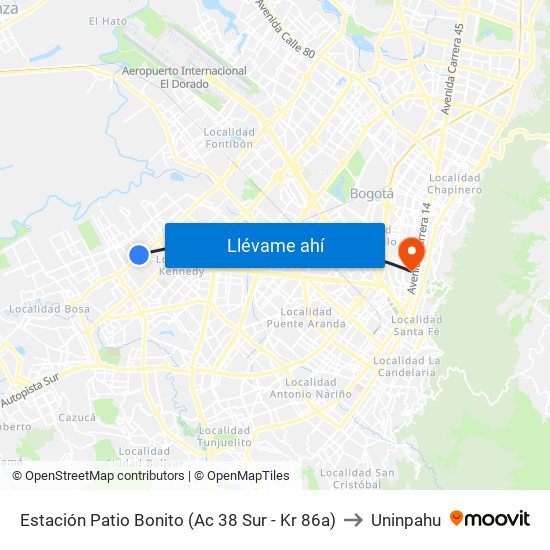 Estación Patio Bonito (Ac 38 Sur - Kr 86a) to Uninpahu map
