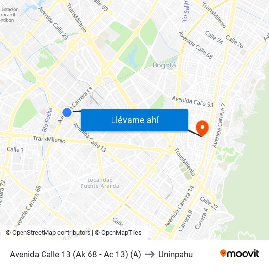 Avenida Calle 13 (Ak 68 - Ac 13) (A) to Uninpahu map