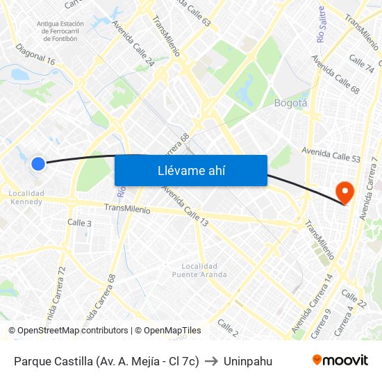 Parque Castilla (Av. A. Mejía - Cl 7c) to Uninpahu map