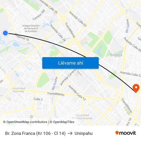 Br. Zona Franca (Kr 106 - Cl 14) to Uninpahu map