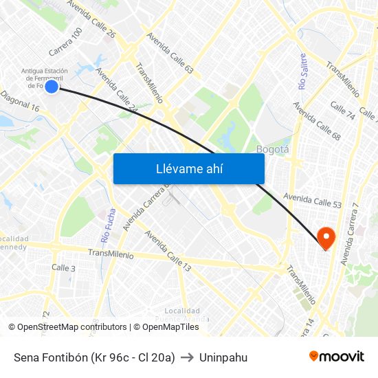 Sena Fontibón (Kr 96c - Cl 20a) to Uninpahu map