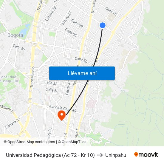 Universidad Pedagógica (Ac 72 - Kr 10) to Uninpahu map