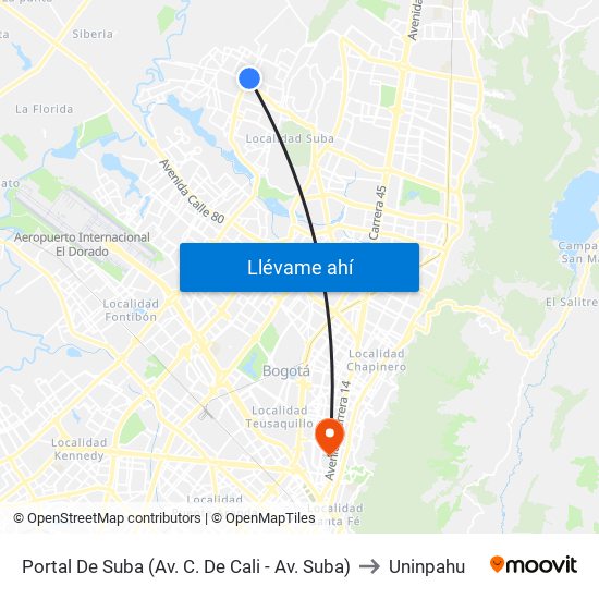 Portal De Suba (Av. C. De Cali - Av. Suba) to Uninpahu map