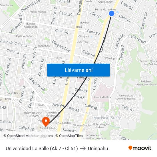 Universidad La Salle (Ak 7 - Cl 61) to Uninpahu map