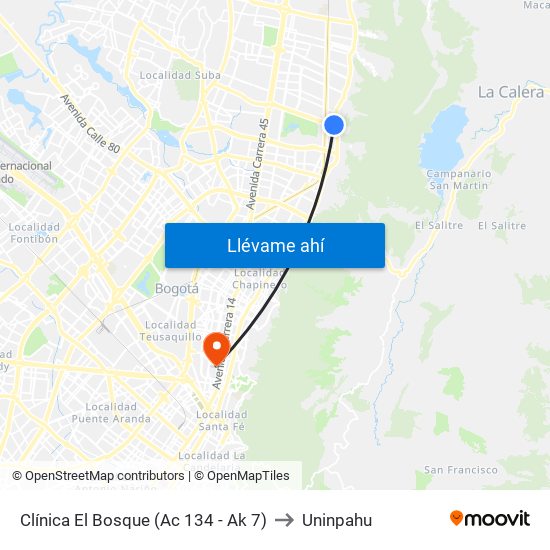 Clínica El Bosque (Ac 134 - Ak 7) to Uninpahu map