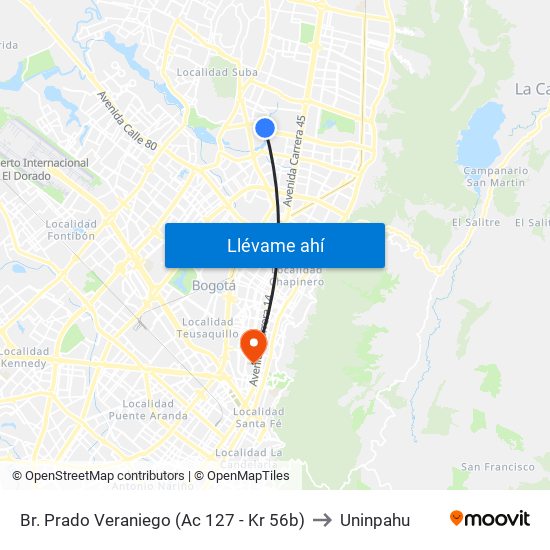 Br. Prado Veraniego (Ac 127 - Kr 56b) to Uninpahu map