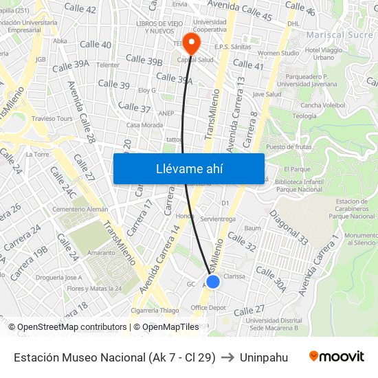 Estación Museo Nacional (Ak 7 - Cl 29) to Uninpahu map