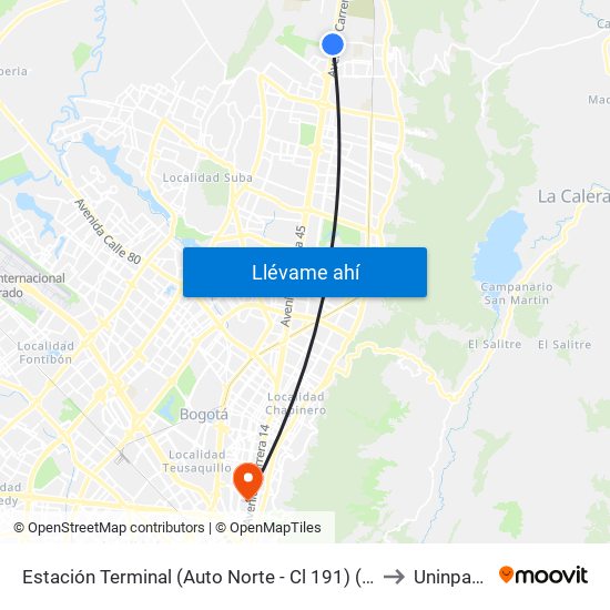 Estación Terminal (Auto Norte - Cl 191) (A) to Uninpahu map