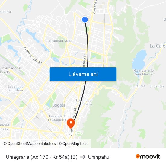 Uniagraria (Ac 170 - Kr 54a) (B) to Uninpahu map