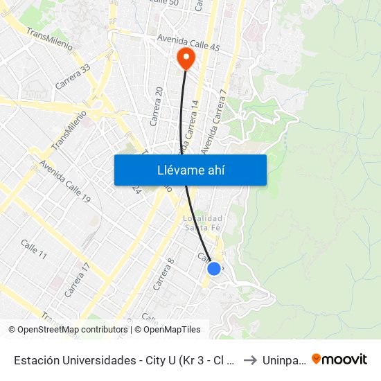 Estación Universidades - City U (Kr 3 - Cl 21) (A) to Uninpahu map