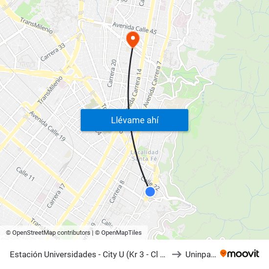 Estación Universidades (Kr 3 - Cl 20) (B) to Uninpahu map