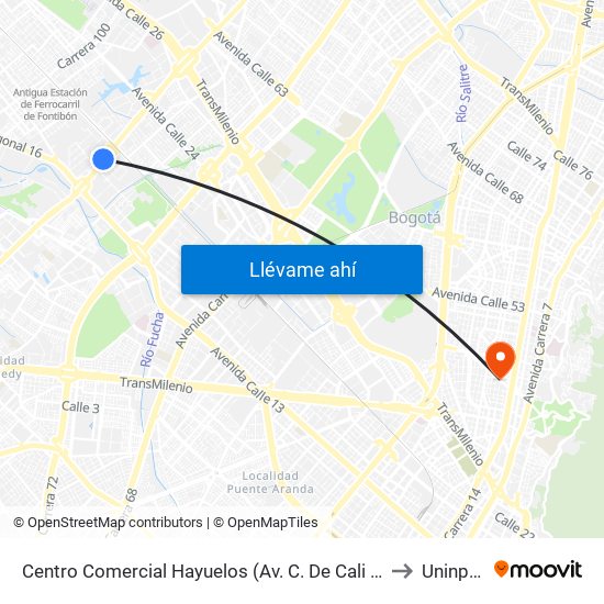 Centro Comercial Hayuelos (Av. C. De Cali - Cl 20) (A) to Uninpahu map