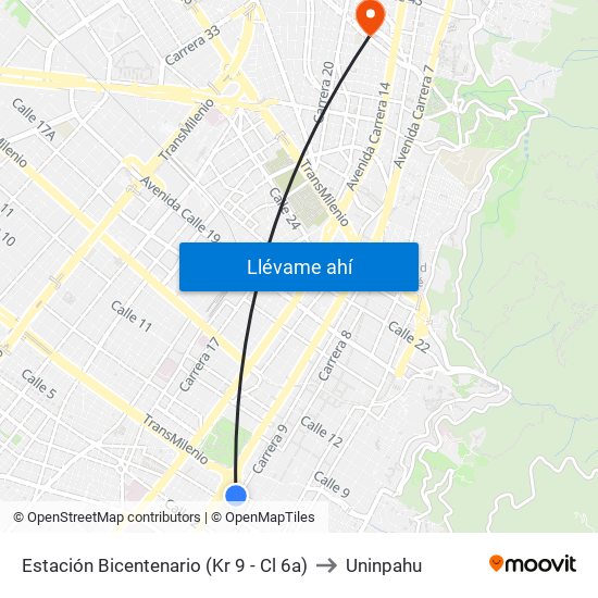 Estación Bicentenario (Kr 9 - Cl 6a) to Uninpahu map