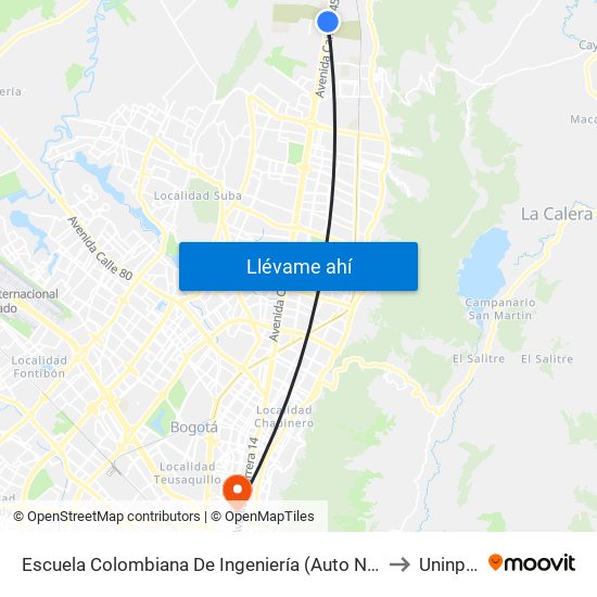 Escuela Colombiana De Ingeniería (Auto Norte - Cl 205) to Uninpahu map