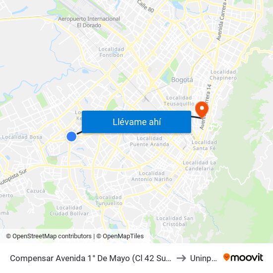 Compensar Avenida 1° De Mayo (Cl 42 Sur - Tv 78h) to Uninpahu map