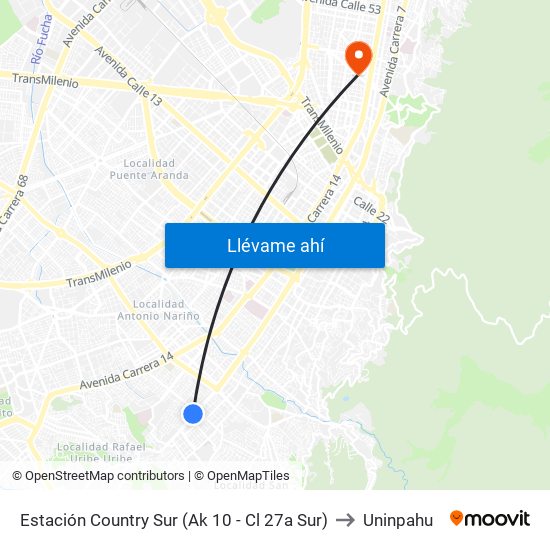 Estación Country Sur (Ak 10 - Cl 27a Sur) to Uninpahu map