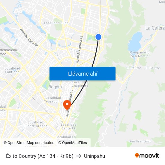 Éxito Country (Ac 134 - Kr 9b) to Uninpahu map