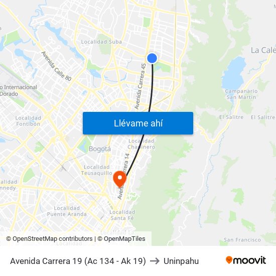 Avenida Carrera 19 (Ac 134 - Ak 19) to Uninpahu map