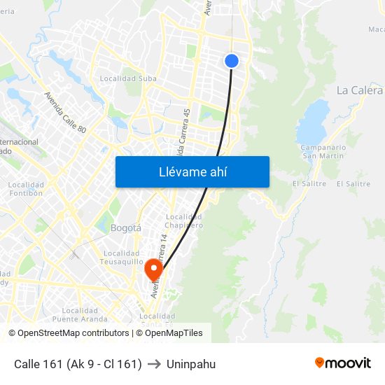 Calle 161 (Ak 9 - Cl 161) to Uninpahu map