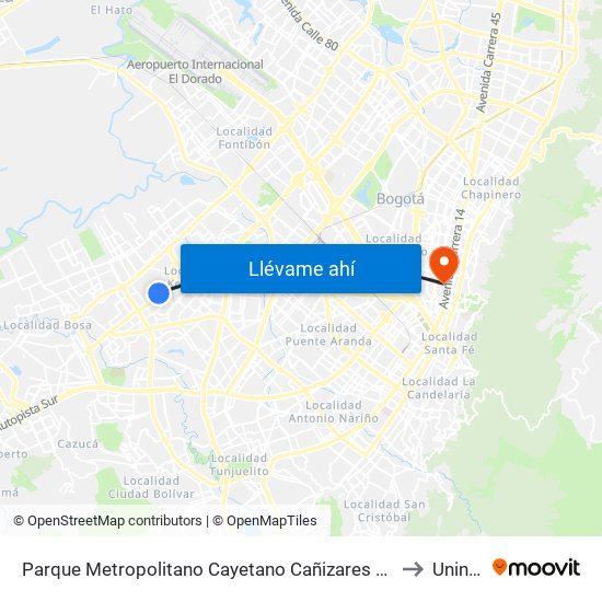 Parque Metropolitano Cayetano Cañizares (Av. A. Mejía - Cl 38 Sur) to Uninpahu map
