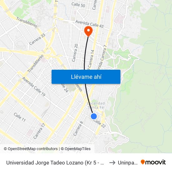 Universidad Jorge Tadeo Lozano (Kr 5 - Cl 22) to Uninpahu map